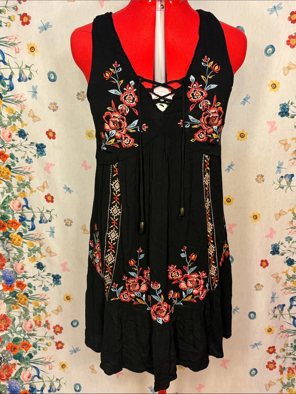 Xhilaration Black Mini Dress with Red Floral Embroidery